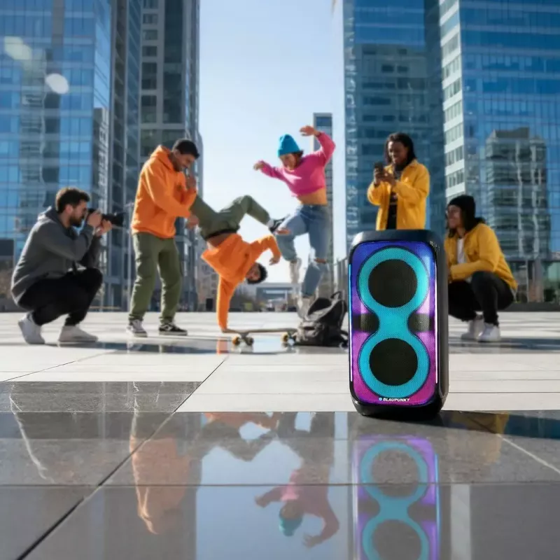 Garsiakalbių sistema BLAUPUNKT PB60X — 120W RMS, Bluetooth A2DP, FM, LED ekranas, 7000mAh baterija, 18h, AUX, nuotolinio valdymo pultas, 568×322×321 mm