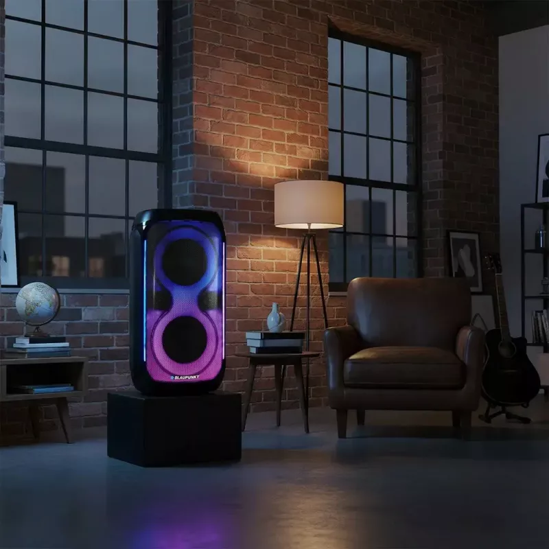 Garsiakalbių sistema BLAUPUNKT PB60X — 120W RMS, Bluetooth A2DP, FM, LED ekranas, 7000mAh baterija, 18h, AUX, nuotolinio valdymo pultas, 568×322×321 mm