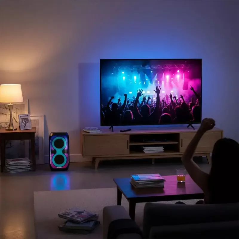 Garsiakalbių sistema BLAUPUNKT PB60X — 120W RMS, Bluetooth A2DP, FM, LED ekranas, 7000mAh baterija, 18h, AUX, nuotolinio valdymo pultas, 568×322×321 mm