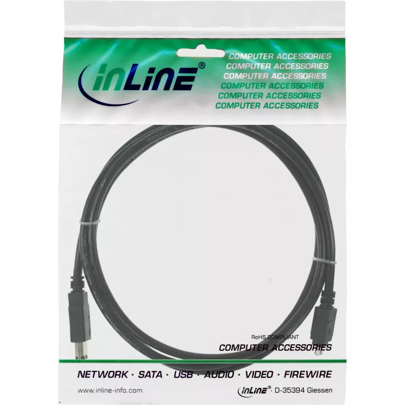 InLine FireWire 400 IEEE1394 kabelis, 4 kontaktų kištukas – 6 kontaktų kištukas, 1,8 m, juodas