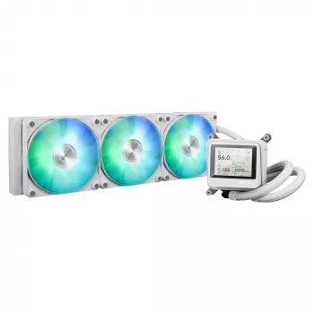 ASUS MAX Gaming LC 360 ARGB LCD White Edition – 360 mm procesoriaus skysčinis aušintuvas su 2,4 inch IPS LCD ekranu, 3× 120 mm ARGB ventiliatoriai, palaiko AM4/AM5/LGA1700