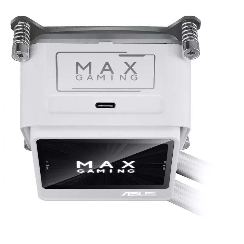 ASUS MAX Gaming LC 360 ARGB LCD White Edition – 360 mm procesoriaus skysčinis aušintuvas su 2,4 inch IPS LCD ekranu, 3× 120 mm ARGB ventiliatoriai, palaiko AM4/AM5/LGA1700