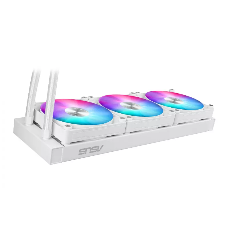 ASUS MAX Gaming LC 360 ARGB LCD White Edition – 360 mm procesoriaus skysčinis aušintuvas su 2,4 inch IPS LCD ekranu, 3× 120 mm ARGB ventiliatoriai, palaiko AM4/AM5/LGA1700