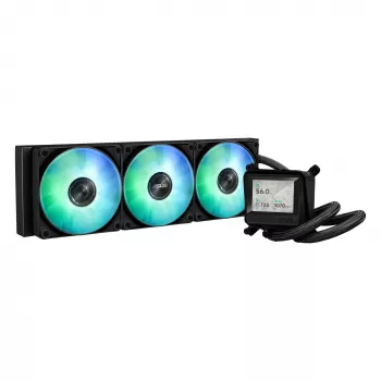 Vandens aušintuvas ASUS MAX GAMING LC 360 ARGB LCD — 360 mm radiatorius, 120 mm ventiliatoriai, palaiko AM4/AM5/LGA1700, juodas