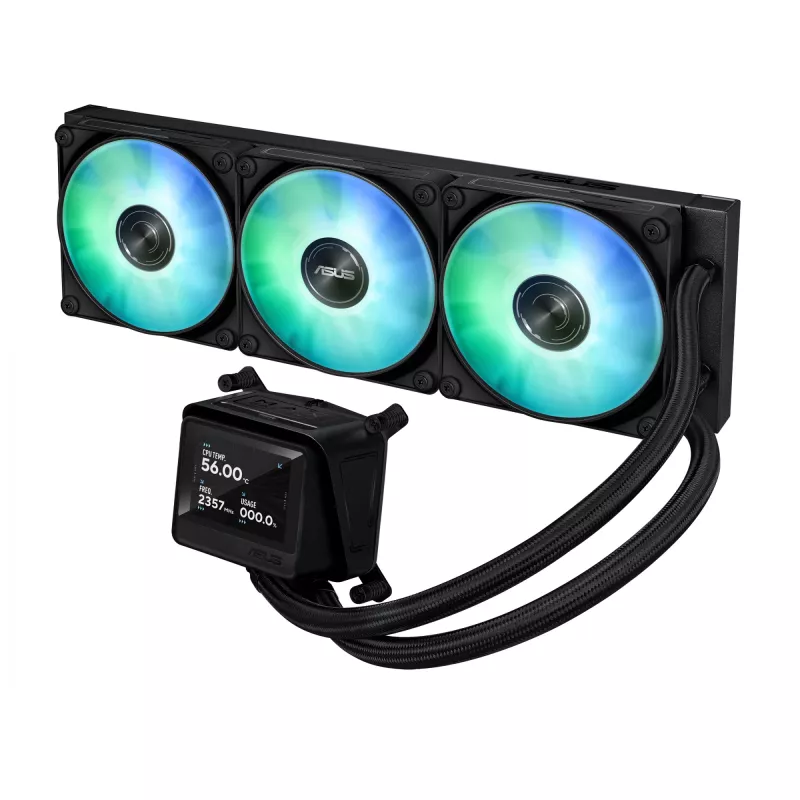 Vandens aušintuvas ASUS MAX GAMING LC 360 ARGB LCD — 360 mm radiatorius, 120 mm ventiliatoriai, palaiko AM4/AM5/LGA1700, juodas