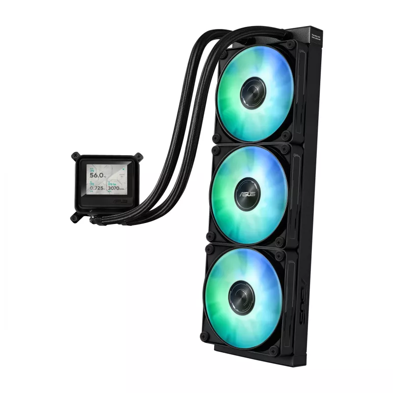 Vandens aušintuvas ASUS MAX GAMING LC 360 ARGB LCD — 360 mm radiatorius, 120 mm ventiliatoriai, palaiko AM4/AM5/LGA1700, juodas