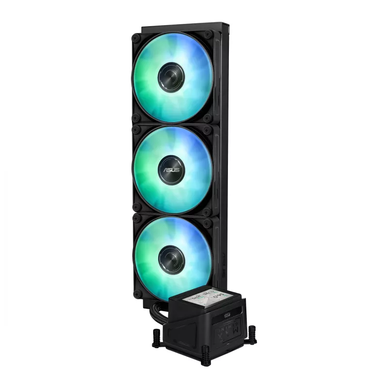Vandens aušintuvas ASUS MAX GAMING LC 360 ARGB LCD — 360 mm radiatorius, 120 mm ventiliatoriai, palaiko AM4/AM5/LGA1700, juodas
