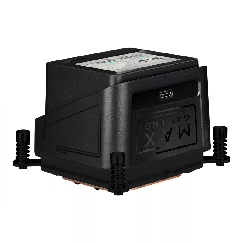 Vandens aušintuvas ASUS MAX GAMING LC 360 ARGB LCD — 360 mm radiatorius, 120 mm ventiliatoriai, palaiko AM4/AM5/LGA1700, juodas