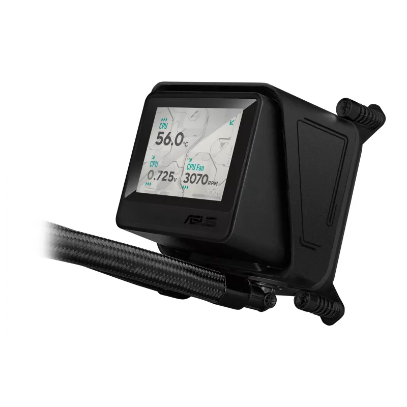 Vandens aušintuvas ASUS MAX GAMING LC 360 ARGB LCD — 360 mm radiatorius, 120 mm ventiliatoriai, palaiko AM4/AM5/LGA1700, juodas