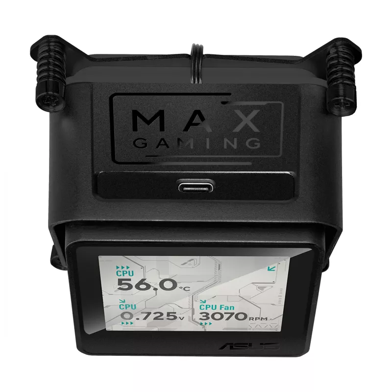 Vandens aušintuvas ASUS MAX GAMING LC 360 ARGB LCD — 360 mm radiatorius, 120 mm ventiliatoriai, palaiko AM4/AM5/LGA1700, juodas
