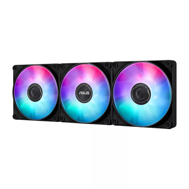 Vandens aušintuvas ASUS MAX GAMING LC 360 ARGB LCD — 360 mm radiatorius, 120 mm ventiliatoriai, palaiko AM4/AM5/LGA1700, juodas