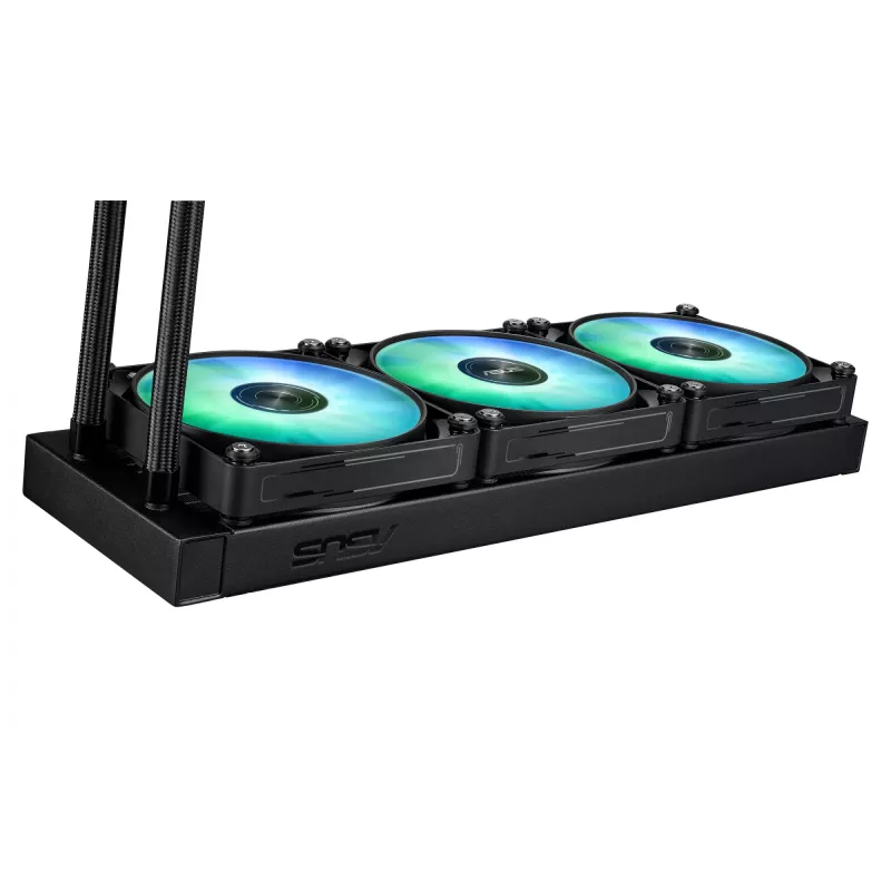 Vandens aušintuvas ASUS MAX GAMING LC 360 ARGB LCD — 360 mm radiatorius, 120 mm ventiliatoriai, palaiko AM4/AM5/LGA1700, juodas