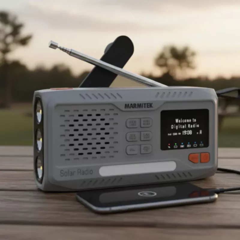 Nešiojamas sukamasis radijas Marmitek RESQ 100 – DAB/DAB+/FM, 3 W, LCD, USB‑C, 3,5 mm lizdas, šviesiai pilkas