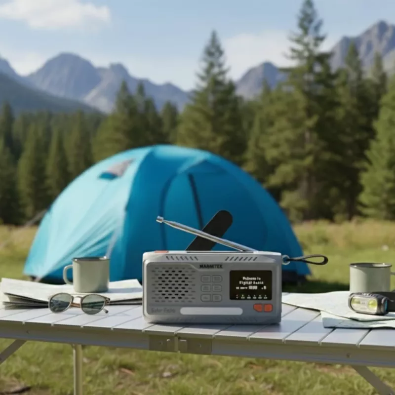 Nešiojamas sukamasis radijas Marmitek RESQ 100 – DAB/DAB+/FM, 3 W, LCD, USB‑C, 3,5 mm lizdas, šviesiai pilkas