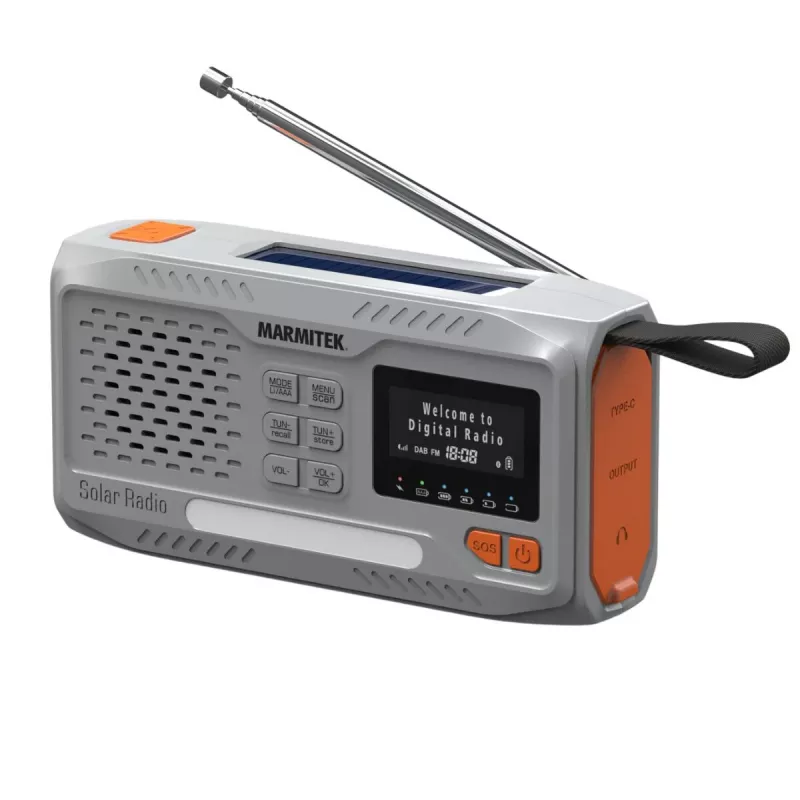 Nešiojamas sukamasis radijas Marmitek RESQ 100 – DAB/DAB+/FM, 3 W, LCD, USB‑C, 3,5 mm lizdas, šviesiai pilkas