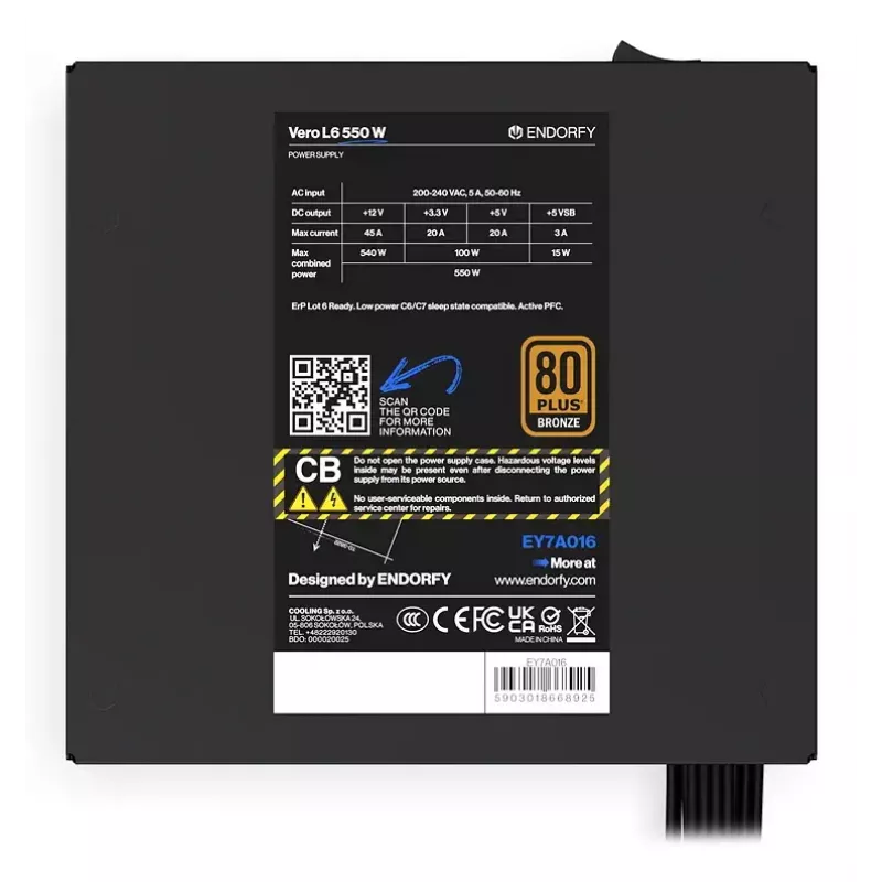 Maitinimo blokas ENDORFY Vero L6 550 W ATX 24-pin 80 PLUS Bronze, 120 mm ventiliatorius, juodas