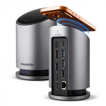 AXAGON HMC-WL9 USB-C 9-in-1 Docking Hub su belaidžiu įkrovimu, 10 Gbps, 100W PD, 8K HDMI, Ethernet