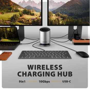 AXAGON HMC-WL9 USB-C 9-in-1 Docking Hub su belaidžiu įkrovimu, 10 Gbps, 100W PD, 8K HDMI, Ethernet