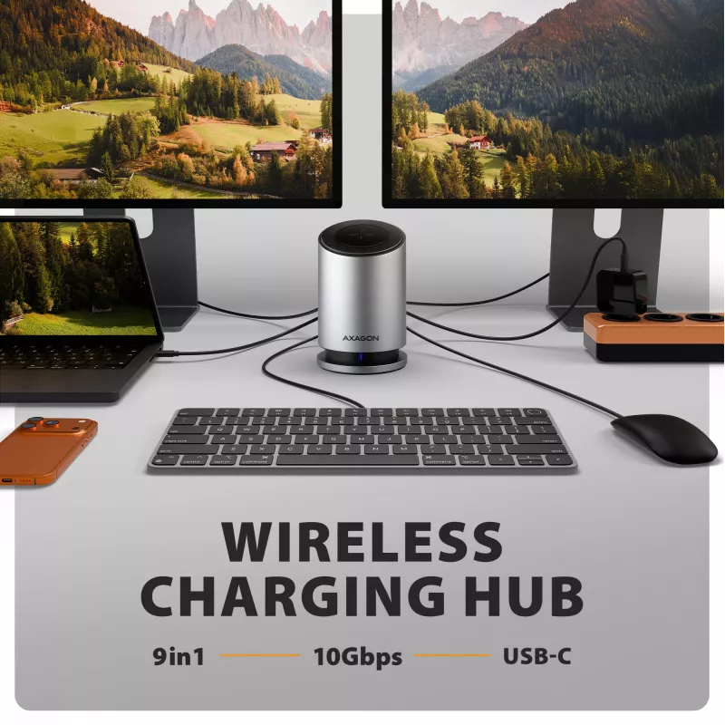 AXAGON HMC-WL9 USB-C 9-in-1 Docking Hub su belaidžiu įkrovimu, 10 Gbps, 100W PD, 8K HDMI, Ethernet