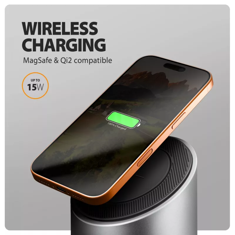 AXAGON HMC-WL9 USB-C 9-in-1 Docking Hub su belaidžiu įkrovimu, 10 Gbps, 100W PD, 8K HDMI, Ethernet