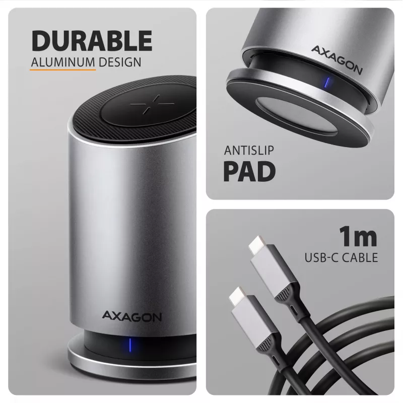AXAGON HMC-WL9 USB-C 9-in-1 Docking Hub su belaidžiu įkrovimu, 10 Gbps, 100W PD, 8K HDMI, Ethernet