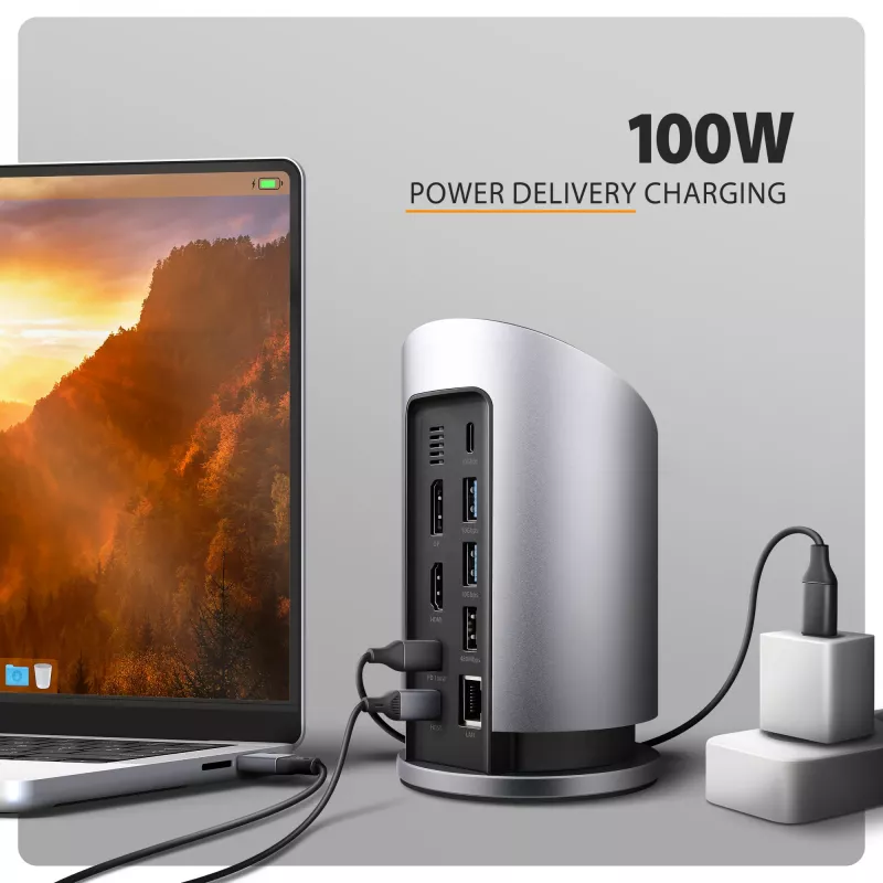 AXAGON HMC-WL9 USB-C 9-in-1 Docking Hub su belaidžiu įkrovimu, 10 Gbps, 100W PD, 8K HDMI, Ethernet