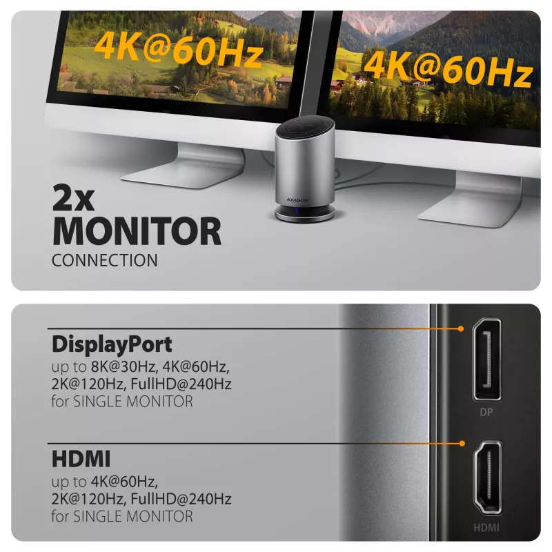 AXAGON HMC-WL9 USB-C 9-in-1 Docking Hub su belaidžiu įkrovimu, 10 Gbps, 100W PD, 8K HDMI, Ethernet