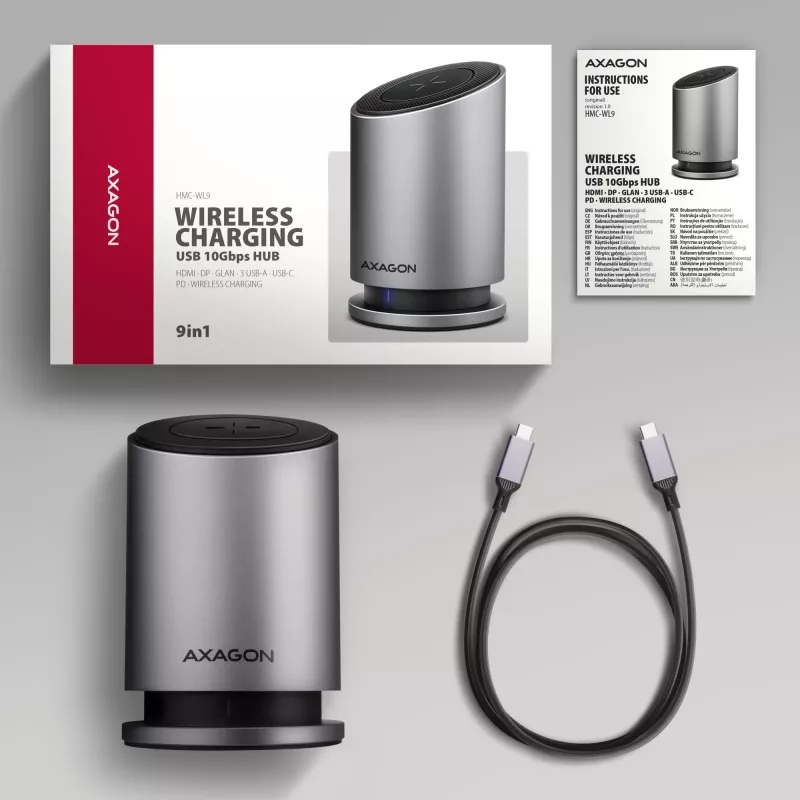 AXAGON HMC-WL9 USB-C 9-in-1 Docking Hub su belaidžiu įkrovimu, 10 Gbps, 100W PD, 8K HDMI, Ethernet