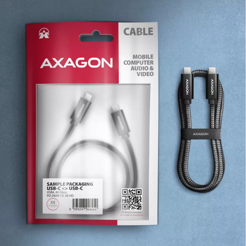 USB-C į USB-C laidas AXAGON BUCM4X-CM05AB — USB4 Gen 3x2, 40 Gbit/s, 240 W, 0,5 m, juodas