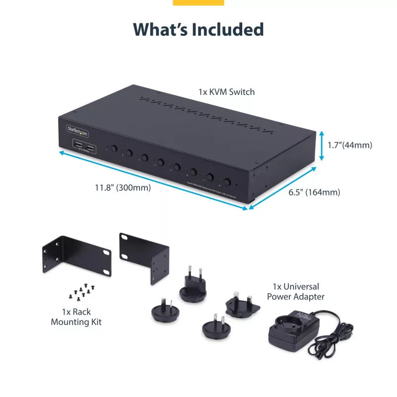 StarTech.com 8 prievadų HDMI KVM jungiklis su 1U stovo montavimo rinkiniu, 4K 60Hz HDMI 2.0, mygtukų ir karštųjų klavišų perjungimas, 4 prievadų USB šakotuvas, nepriklausomas nuo OS, atitinka TAA