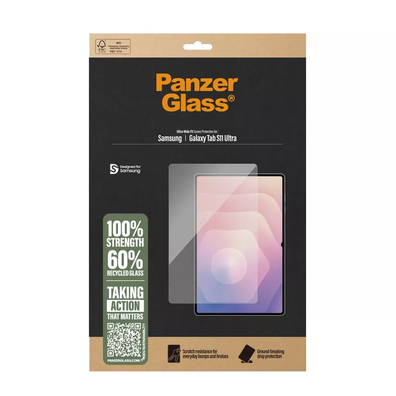 Apsauginis stiklas PanzerGlass Samsung Galaxy Tab S11 Ultra — Grūdintas stiklas, Ultra-Wide Fit, skaidrus, sausas klijavimas