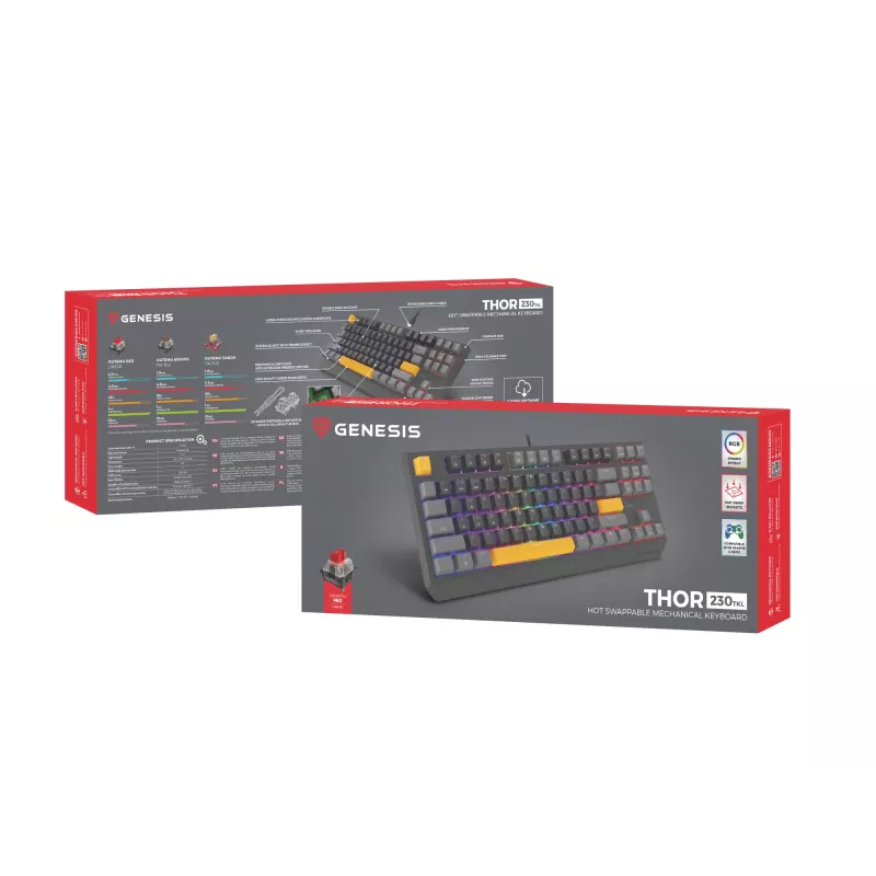 GENESIS Thor 230 TKL belaidė klaviatūra Gaming USB + RF Wireless + Bluetooth QWERTY Juoda, Pilka, Oranžinė