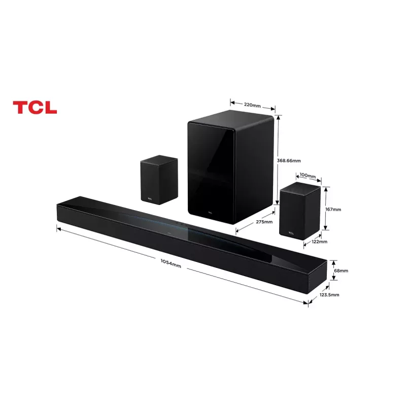 TCL Q Q85H Class 7.1.4 kanalų garso juosta su Dolby Atmos, belaidžiu žemų dažnių garsiakalbiu ir belaidžiais erdviniais garsiakalbiais