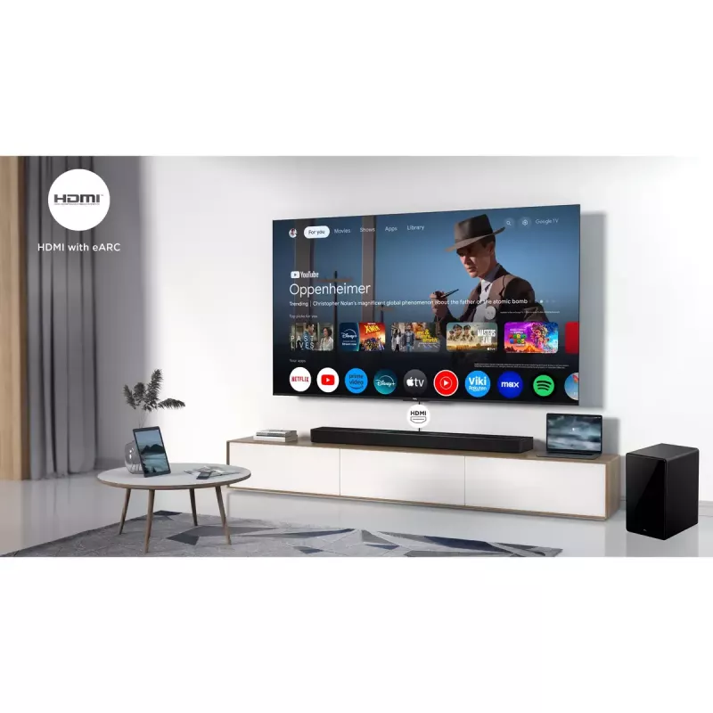 TCL Q Q85H Class 7.1.4 kanalų garso juosta su Dolby Atmos, belaidžiu žemų dažnių garsiakalbiu ir belaidžiais erdviniais garsiakalbiais