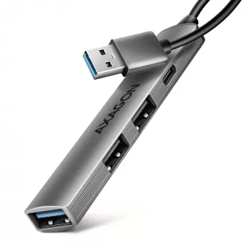 USB šakotuvas AXAGON HUE-STA — 4 prievadų aliuminė juosta, 1× USB-A 5Gbps + 2× USB-A ir 1× USB-C 480Mbps, USB-A šeimininkas, pilka