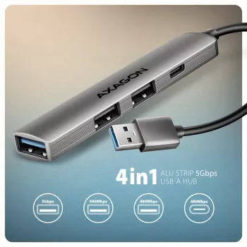 USB šakotuvas AXAGON HUE-STA — 4 prievadų aliuminė juosta, 1× USB-A 5Gbps + 2× USB-A ir 1× USB-C 480Mbps, USB-A šeimininkas, pilka