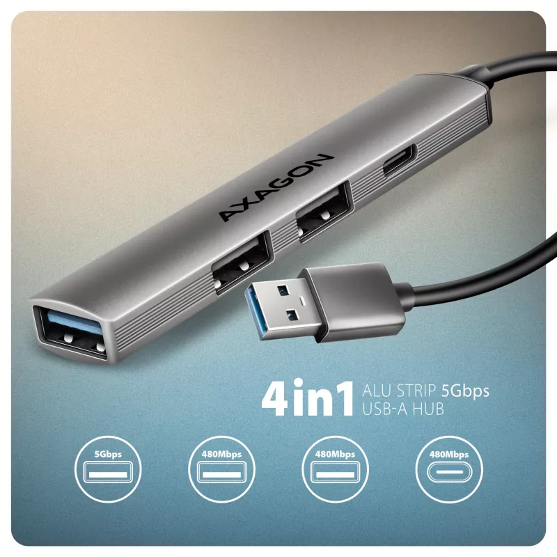 USB šakotuvas AXAGON HUE-STA — 4 prievadų aliuminė juosta, 1× USB-A 5Gbps + 2× USB-A ir 1× USB-C 480Mbps, USB-A šeimininkas, pilka