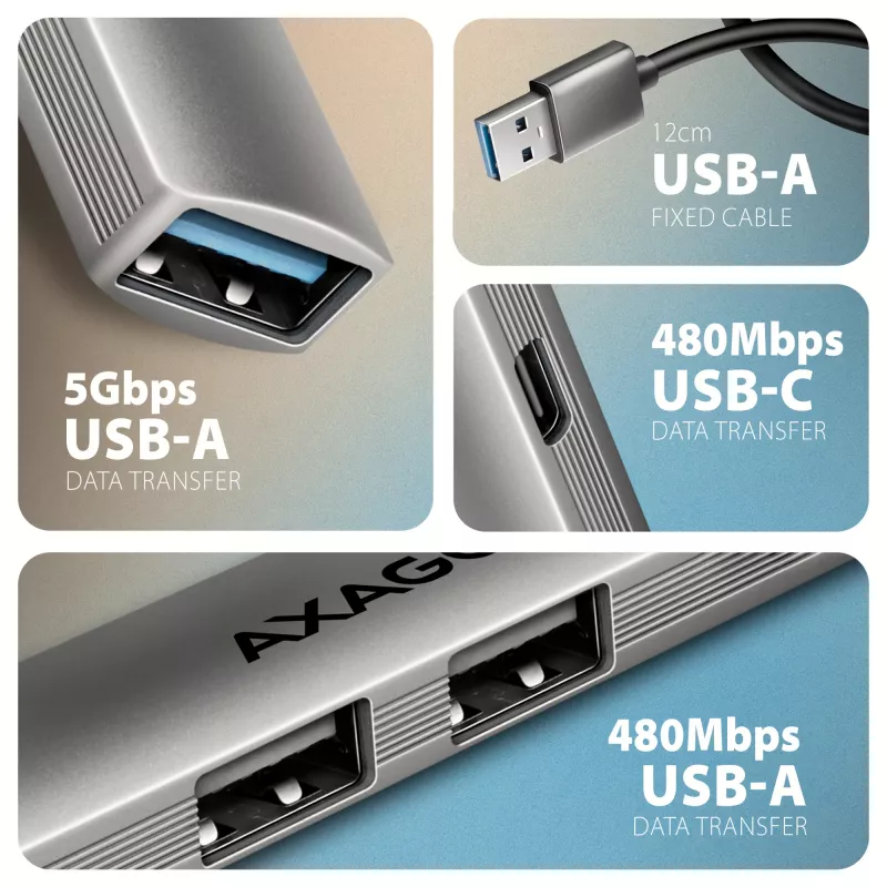 USB šakotuvas AXAGON HUE-STA — 4 prievadų aliuminė juosta, 1× USB-A 5Gbps + 2× USB-A ir 1× USB-C 480Mbps, USB-A šeimininkas, pilka