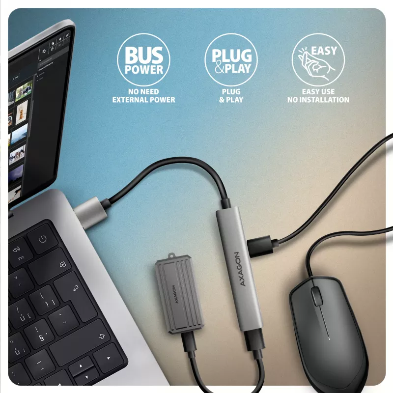 USB šakotuvas AXAGON HUE-STA — 4 prievadų aliuminė juosta, 1× USB-A 5Gbps + 2× USB-A ir 1× USB-C 480Mbps, USB-A šeimininkas, pilka