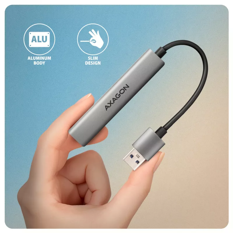 USB šakotuvas AXAGON HUE-STA — 4 prievadų aliuminė juosta, 1× USB-A 5Gbps + 2× USB-A ir 1× USB-C 480Mbps, USB-A šeimininkas, pilka