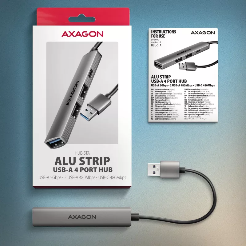 USB šakotuvas AXAGON HUE-STA — 4 prievadų aliuminė juosta, 1× USB-A 5Gbps + 2× USB-A ir 1× USB-C 480Mbps, USB-A šeimininkas, pilka