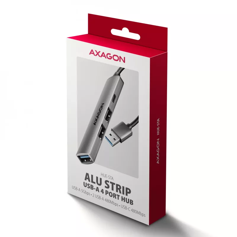 USB šakotuvas AXAGON HUE-STA — 4 prievadų aliuminė juosta, 1× USB-A 5Gbps + 2× USB-A ir 1× USB-C 480Mbps, USB-A šeimininkas, pilka