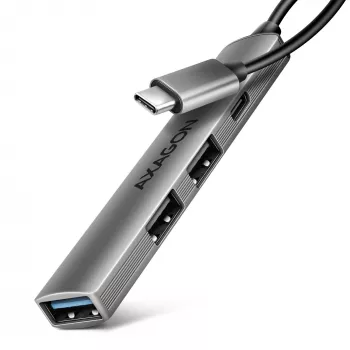 USB centrinis įrenginys AXAGON HUE-STC, 4 prievadų aliumininis strypas, 1x USB-A 5Gbps + 2x USB-A ir 1x USB-C 480Mbps, USB-C šeimininkas, 12 cm kabelis, pilka spalva