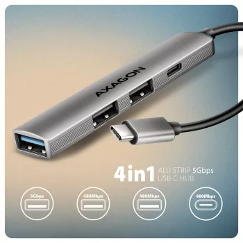 USB centrinis įrenginys AXAGON HUE-STC, 4 prievadų aliumininis strypas, 1x USB-A 5Gbps + 2x USB-A ir 1x USB-C 480Mbps, USB-C šeimininkas, 12 cm kabelis, pilka spalva