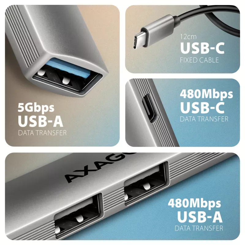 USB centrinis įrenginys AXAGON HUE-STC, 4 prievadų aliumininis strypas, 1x USB-A 5Gbps + 2x USB-A ir 1x USB-C 480Mbps, USB-C šeimininkas, 12 cm kabelis, pilka spalva
