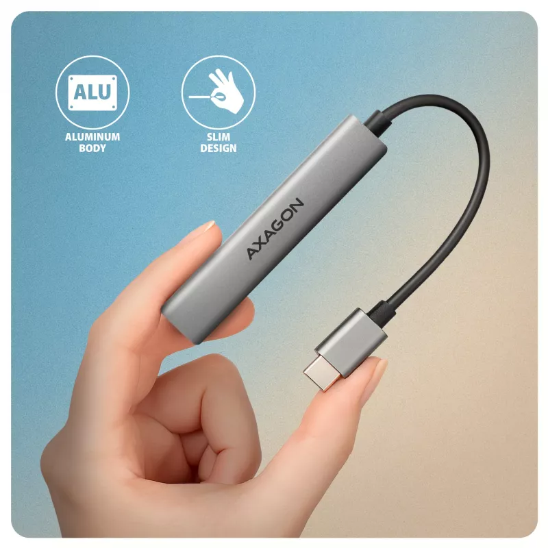 USB centrinis įrenginys AXAGON HUE-STC, 4 prievadų aliumininis strypas, 1x USB-A 5Gbps + 2x USB-A ir 1x USB-C 480Mbps, USB-C šeimininkas, 12 cm kabelis, pilka spalva