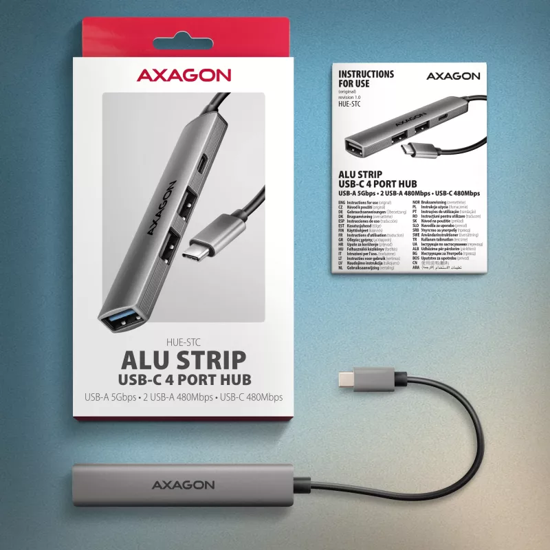 USB centrinis įrenginys AXAGON HUE-STC, 4 prievadų aliumininis strypas, 1x USB-A 5Gbps + 2x USB-A ir 1x USB-C 480Mbps, USB-C šeimininkas, 12 cm kabelis, pilka spalva