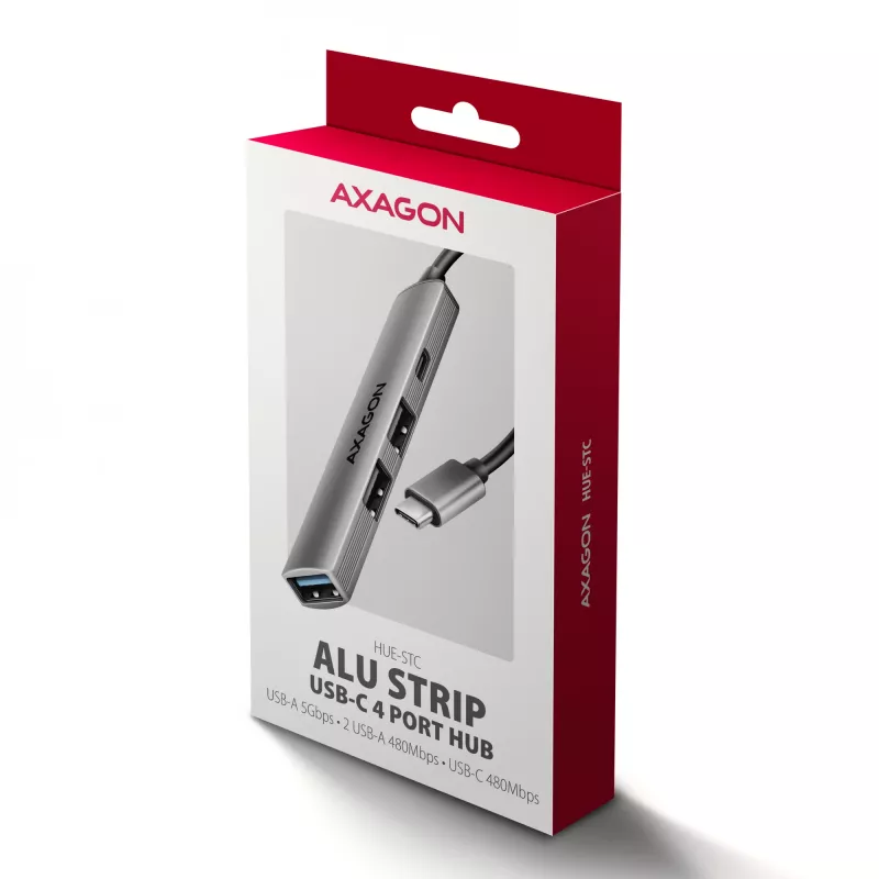 USB centrinis įrenginys AXAGON HUE-STC, 4 prievadų aliumininis strypas, 1x USB-A 5Gbps + 2x USB-A ir 1x USB-C 480Mbps, USB-C šeimininkas, 12 cm kabelis, pilka spalva