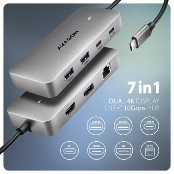 Axagon HMC-CUB83X2 USB 10Gbps šakotuvas, 2x USB-A, USB-C, HDMI ir DP 4K/144Hz, RJ-45, PD 100W