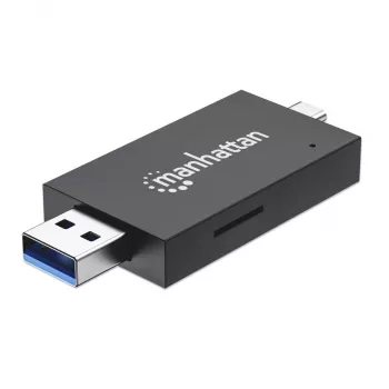 Manhattan USB-A / USB-C kombinuotas kelių kortelių skaitytuvas / rašytuvas, 5 Gbps (USB 3.2 Gen1), vyriškas, microSD ir SD/MMC lizdai, mini formatas, SuperSpeed USB, Windows / Mac, juoda / permatoma, trejų metų garantija